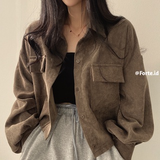 Image of [3 Warna]Jaket Corduroy Wanita Outer Crop Jacket Hitam Korean Retro Style Vintage Thrift Pakaian Wanita