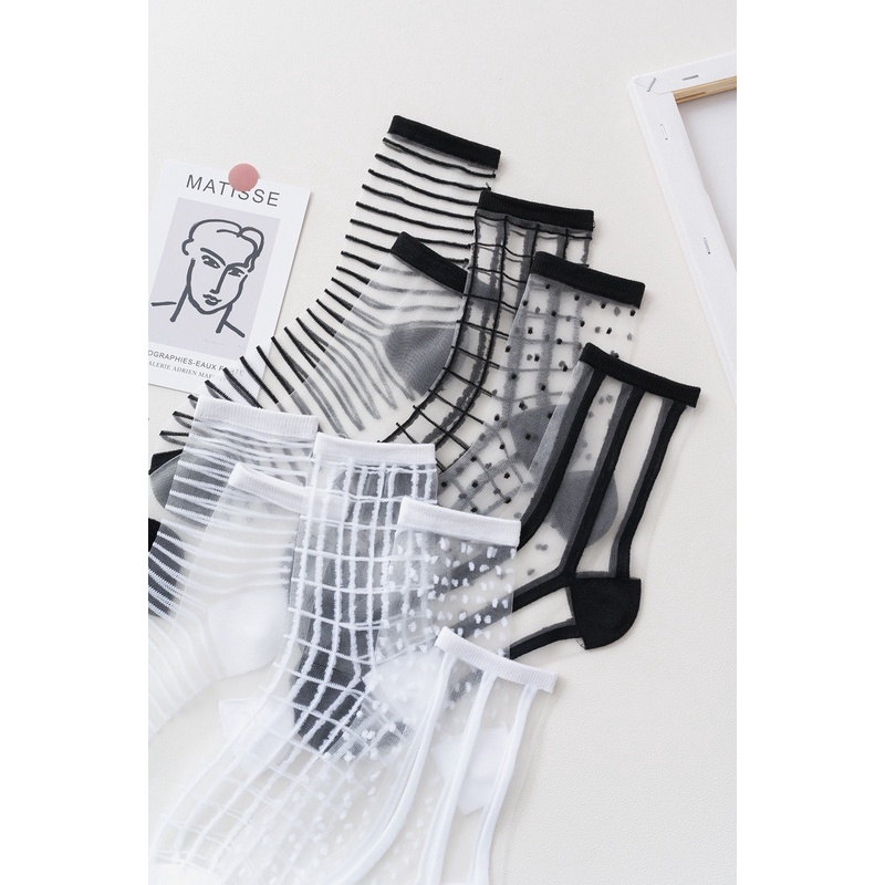 Kaos Kaki Transparan Bermotif Kaos Kaki Wanita Import Elegant Ankle Stocking KK-019-4