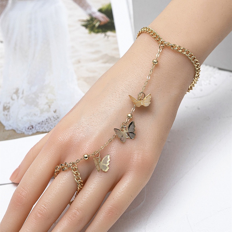 Women Butterfly Shape Pendant Bracelets / Girls Retro Charm With Ring Bracelet / Ladies Bohemian Trendy Charm Bangle