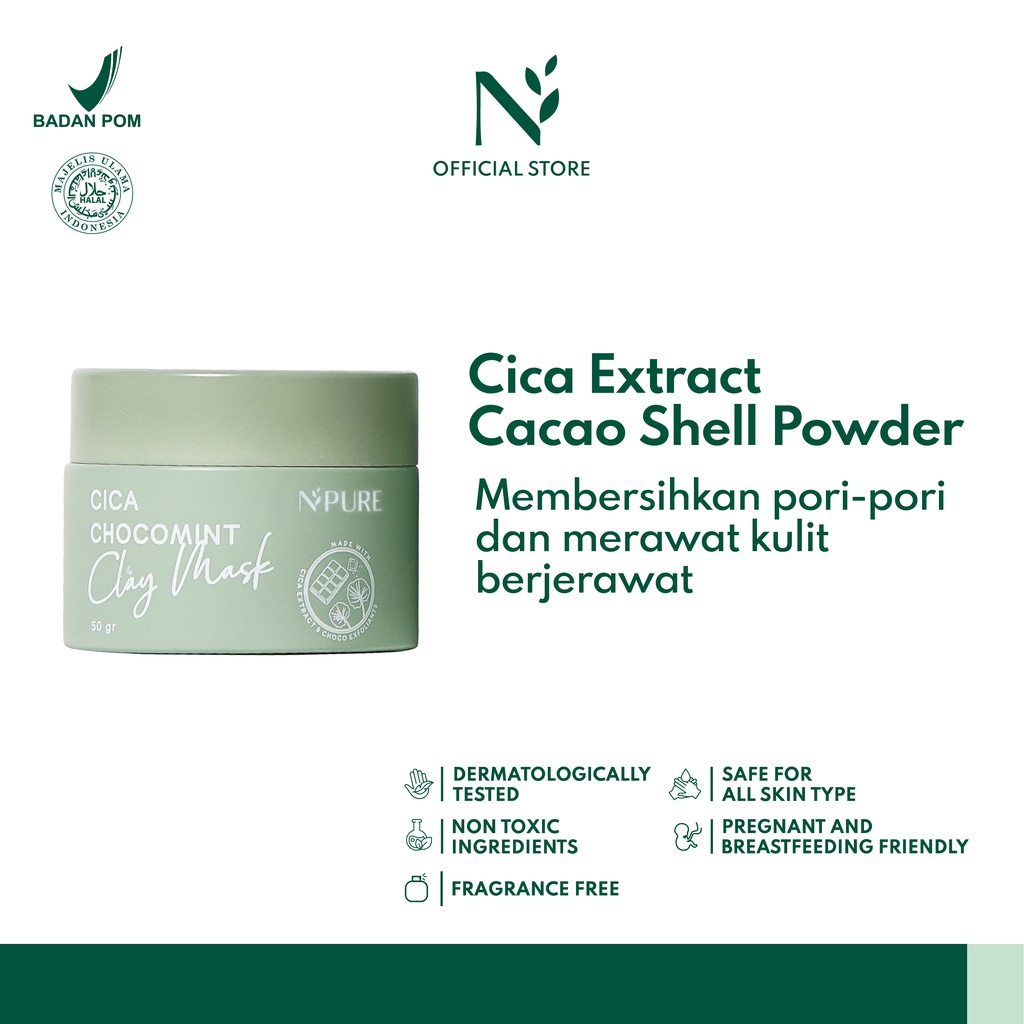 (Masker Komedo &amp; Kulit Berminyak/Berjerawat) NPURE CLAY MASK Centella Asiatica CICA Chocomint 50 Gr - Free Spatula - Masker Clay Untuk Komedo Kulit Wajah Berminyak Berjerawat Oily Jerawat