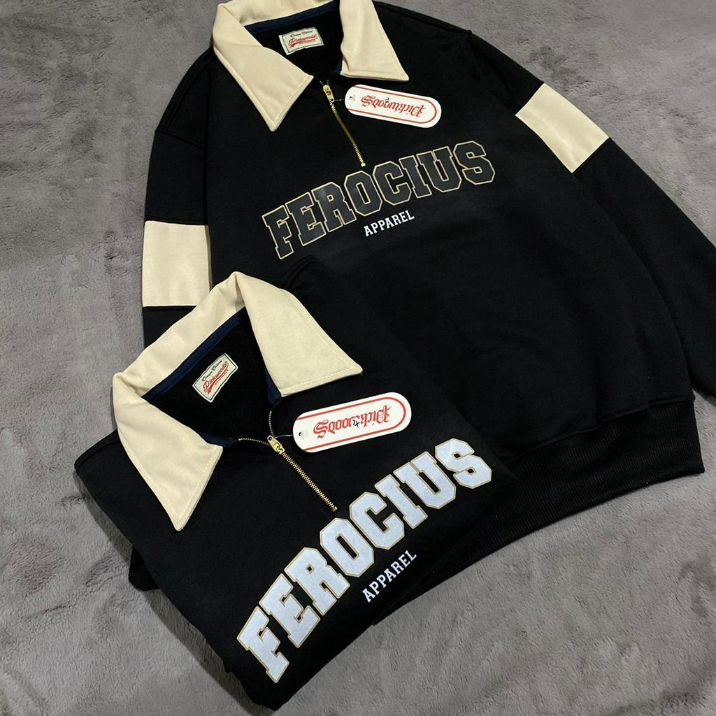 Ferocious- Jaket Rugby Unisex Casual Sweater Kombinasi Warna Simple Cotton Fleece Premium Distro Size M-XXL Warna Hitam &amp; Beige Original