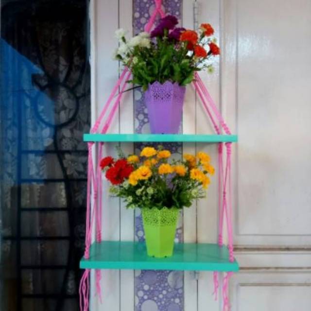 Rak Dinding Gantung Dua Susun Vintage Dekorasi Rumah Kayu Tosca Tali Pink