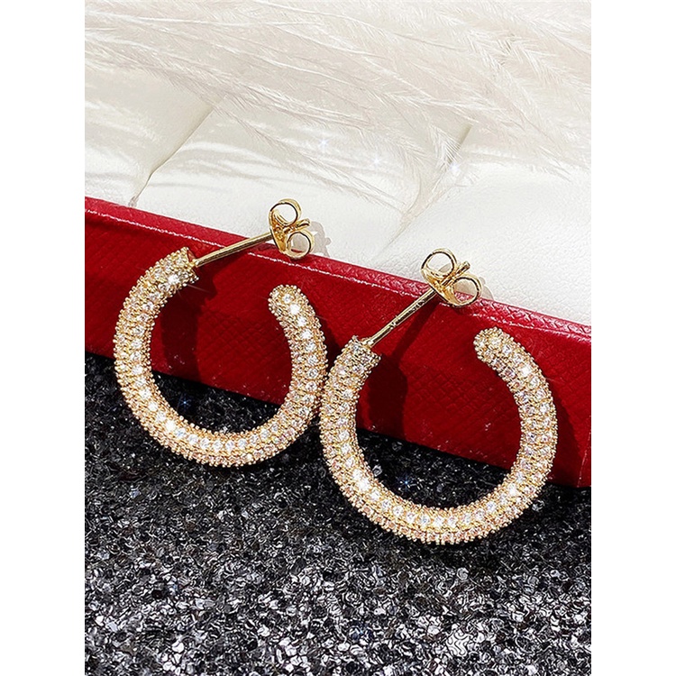 Anting Hoop Cubic Zirconia Bentuk Lingkaran Warna Emas Bling Untuk Wanita