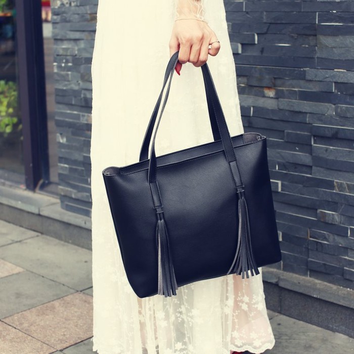 TAS TOTEBAG JINJING HITAM BESAR BAHU IMPORT WANITA NON MOTIF SEDERHANA