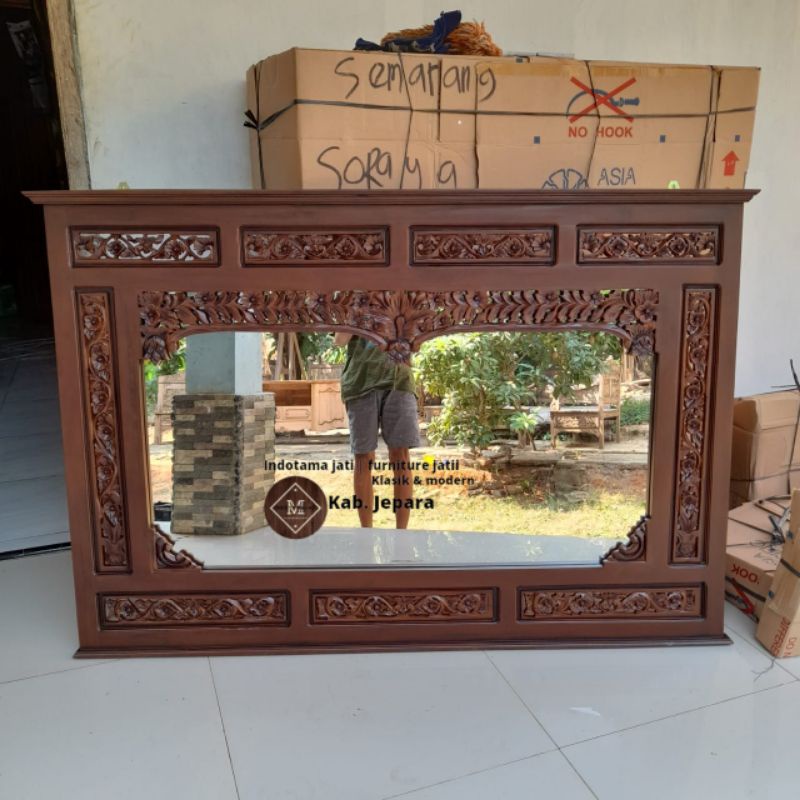 kaca cermin krepyak 100cm kayu jati