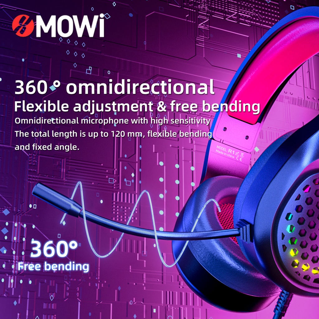 Plextone xMowi R1 Gaming Headset RGB Over Ear Rotatable Long Microphone