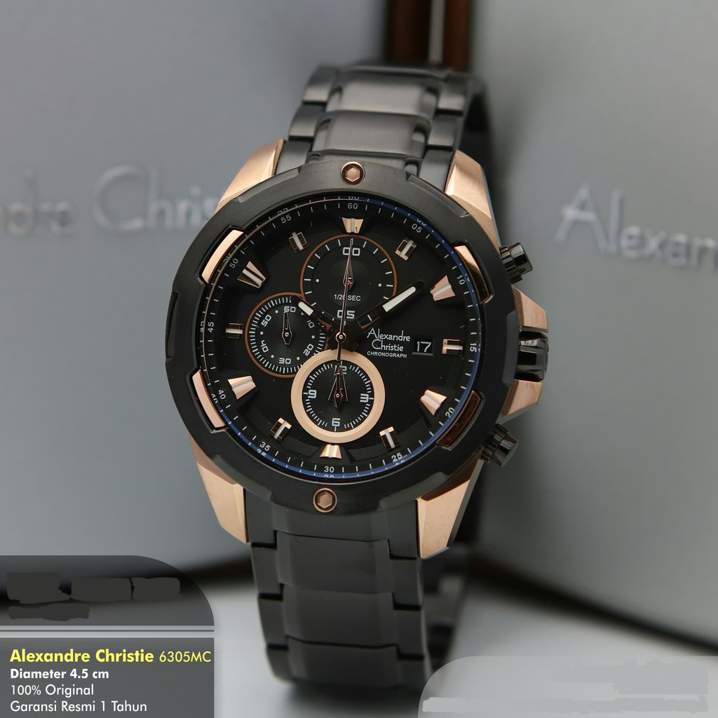 Jam Tangan Pria Alexandre Christie AC 6305 MC BBRBA Chronograph Black Rosegold Stainless Original