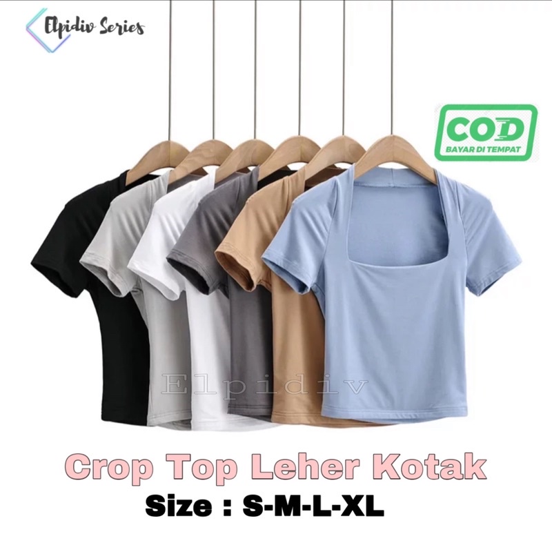 Elpidiv - Crop Top Leher kotak Kaos Crop Top Wanita Polos CropTee Leher Kotak S,M,L,XXL (CTLP-005)