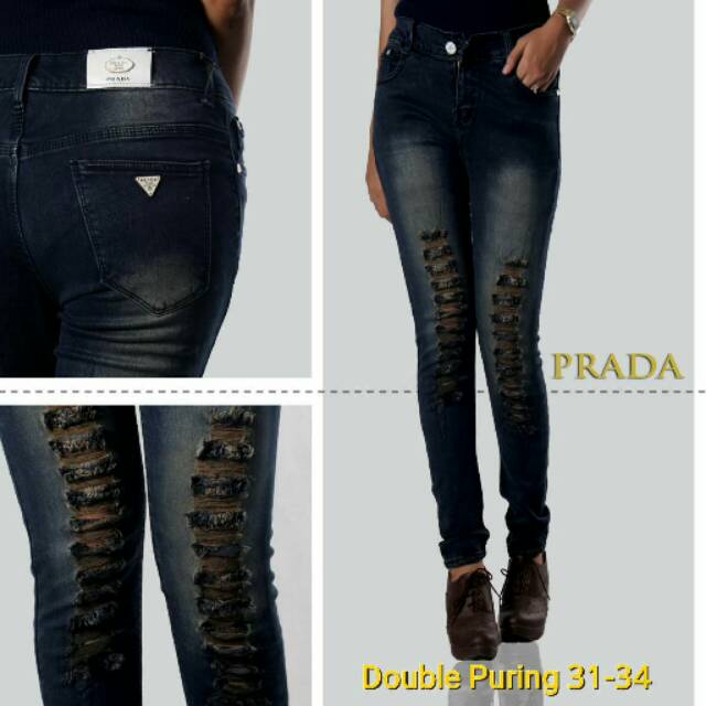 Celana Jeans Wanita Prada Sobek