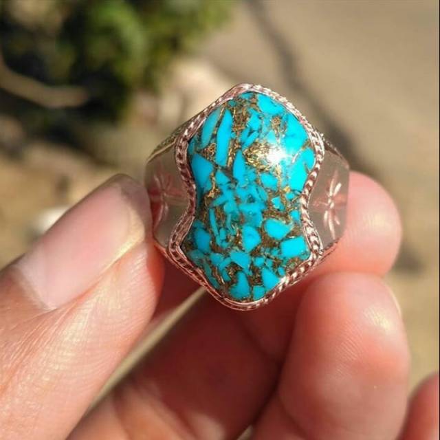 Cincin Terompah Batu Pirus Serat Emas, Ring Perak Murni