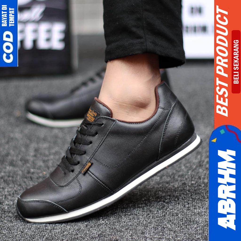 Sepatu Sneakers Kulit Asli Kerja Hitam Pria Santai ABRHM MORLEY