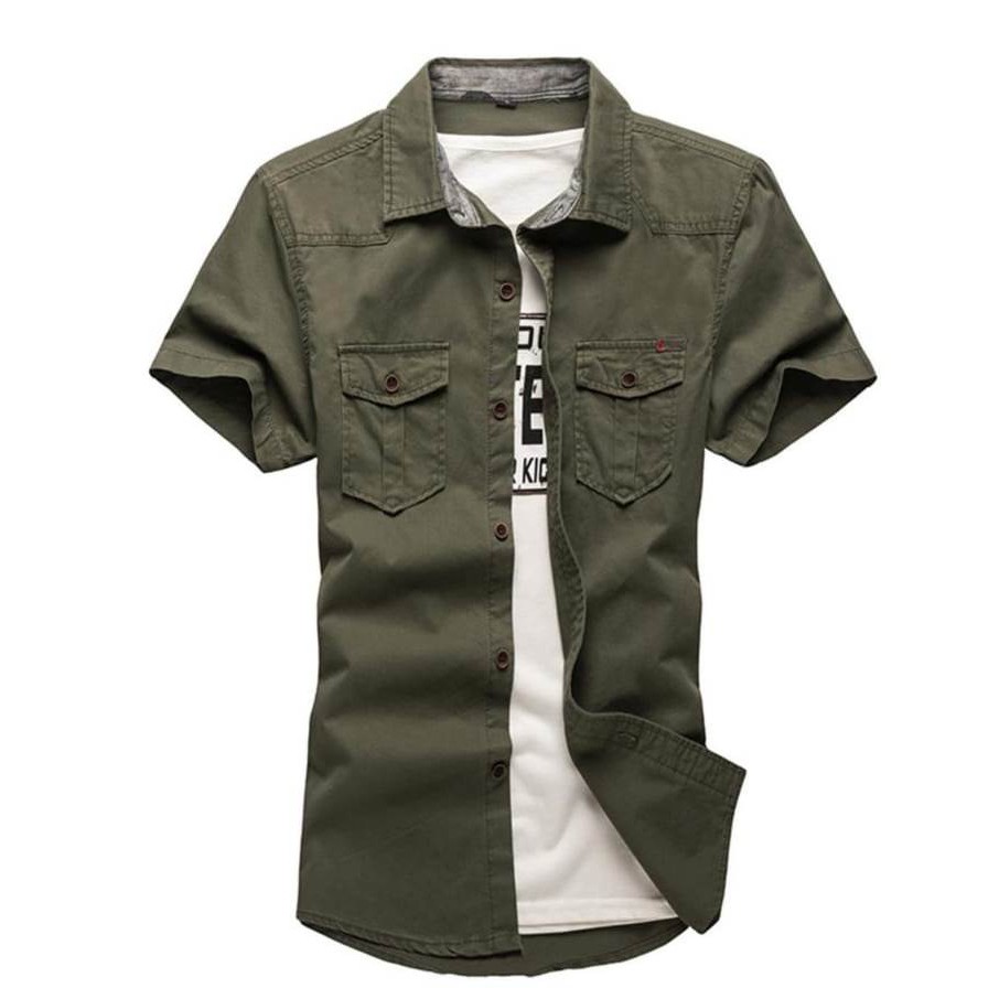 Kemeja Pria Casual Katun Baby Canvas Tactical Fashion Brand Original Hijau Army Premium