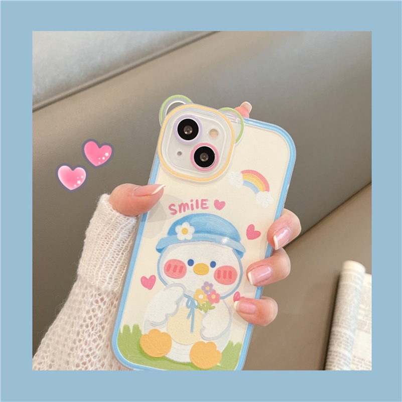 Soft Case Silikon Motif Bebek Beruang Putih Untuk Compatible for iPhone 14 13 12 11 Pro Max X Xr Xs Max iPhone 8 7 6 6s Plus SE 2020 White Duck Phone Case Bear Frame Full Cover Soft Silicone Shockproof Phone Protective Cover
