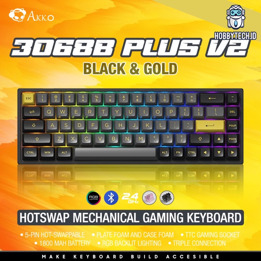 Akko 3068B Plus V2 Black & Gold Hotswap Wireless Gaming Keyboard