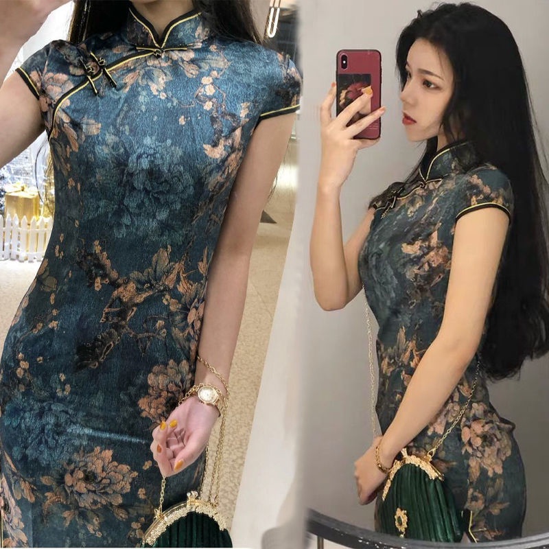 Young cheongsam modified girl's high-grade cheongsam skirt length Chinese style retro cheongsam dres