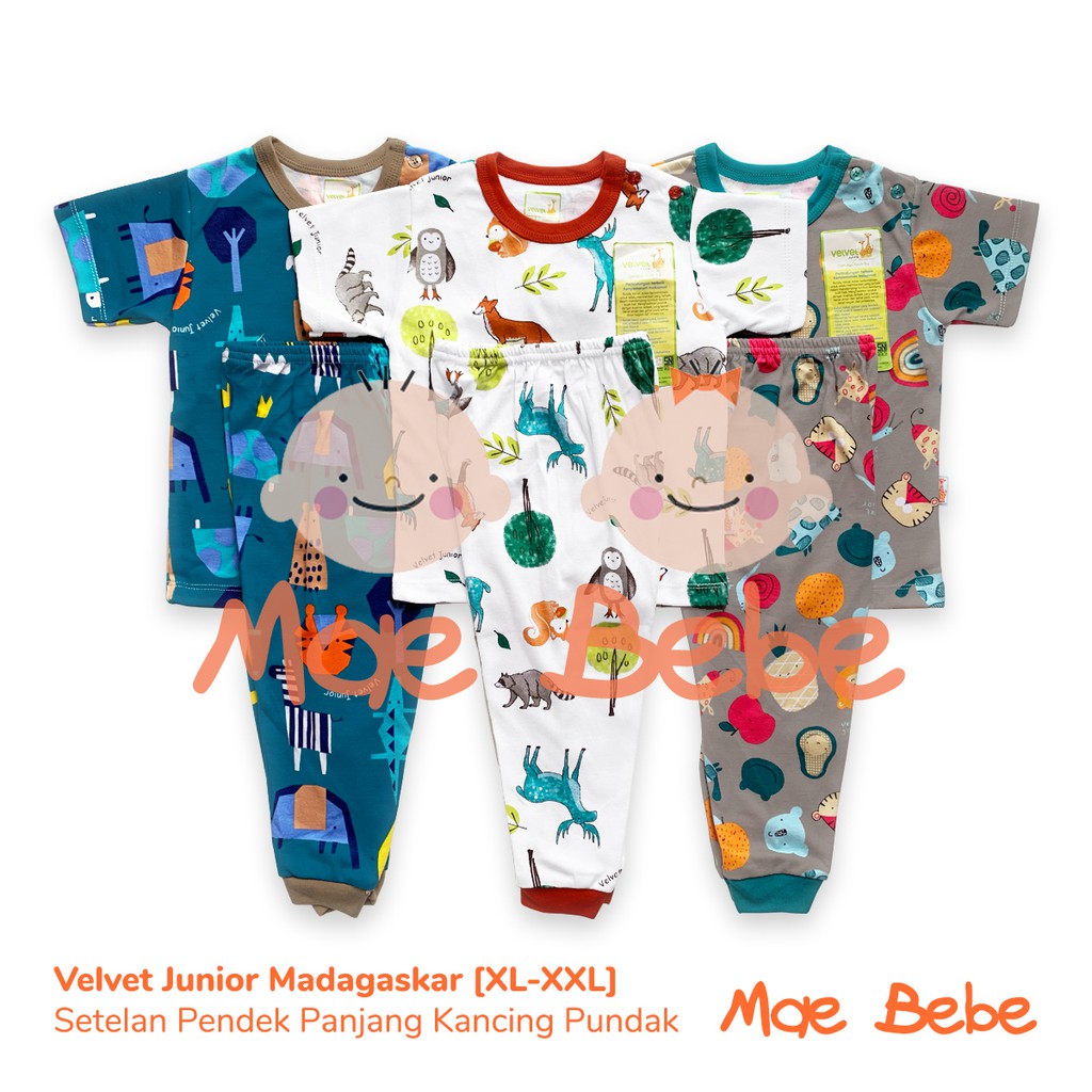 [Size S - XXL] Velvet Junior Madagaskar Setelan Kancing Pundak Pendek Celana Panjang