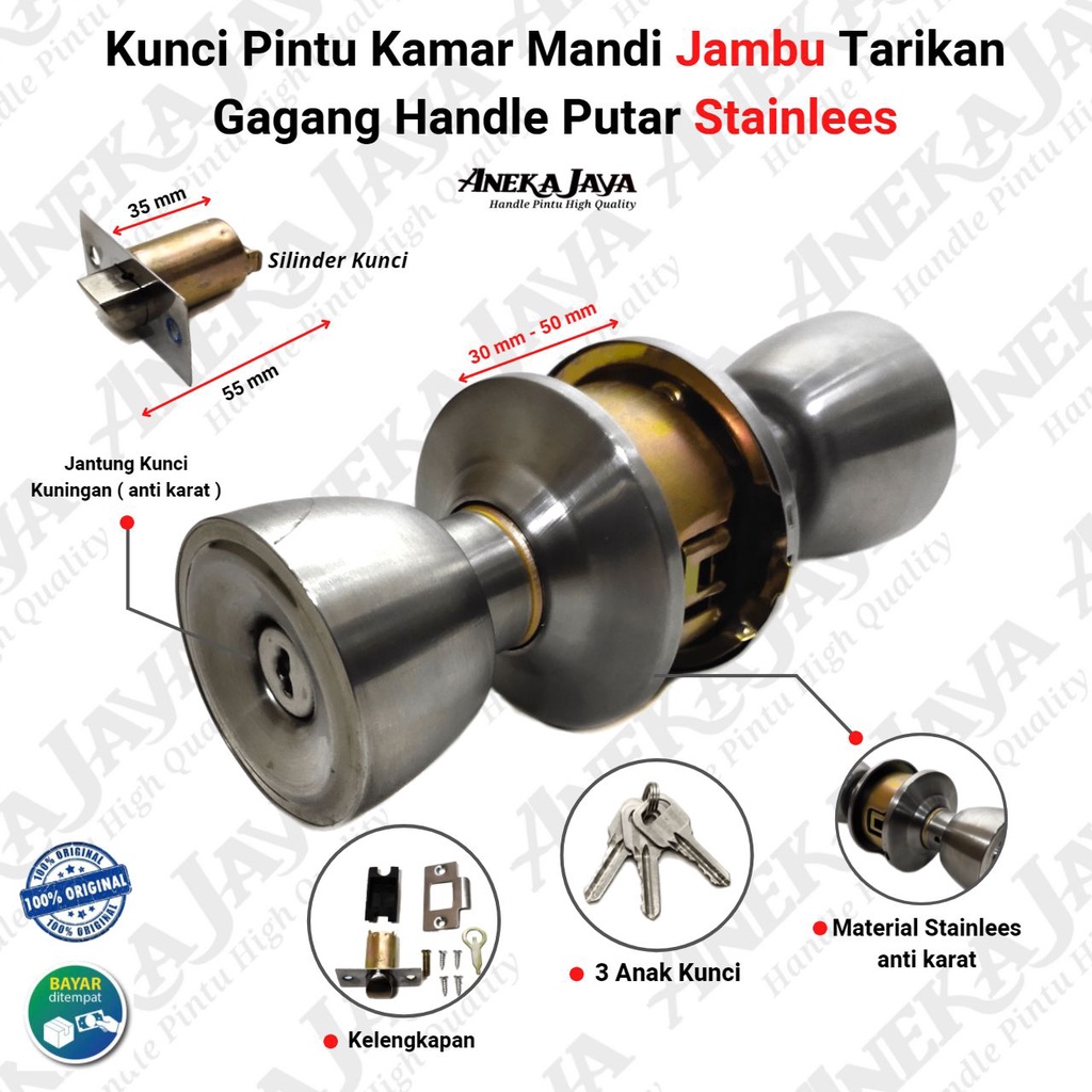 Kunci pintu kamar mandi / Tarikan Gagang Pintu Rumah Putar stainlees murah awet / Gagang Bulat