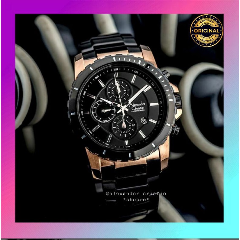 ORIGINAL GARANSI RESMI JAM TANGAN PRIA ALEXANDRE CHRISTIE ROSE GOLD BLACK RANTAI STAINLESS STEEL COW