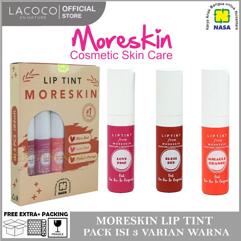 LIP TINT - MORESKIN LIP TINT ( 1 PACK ISI 3 PCS ) - LIPTINT - LIPSTIK PINK - LIPSTIK MATTE - LIPSTIK