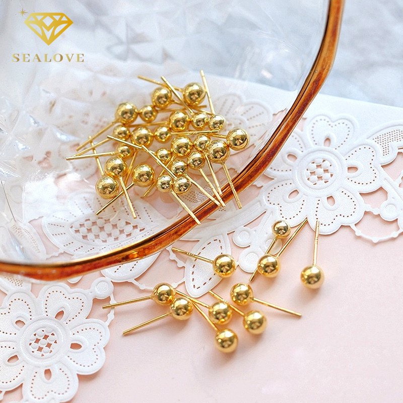 SEALOVE Anting Titanium Wanita Anti Karat Needle Bentuk Emas Bola Manik-Manik Stud Earrings Hypoallergenic Ukuran Kecil 4MM 6MM