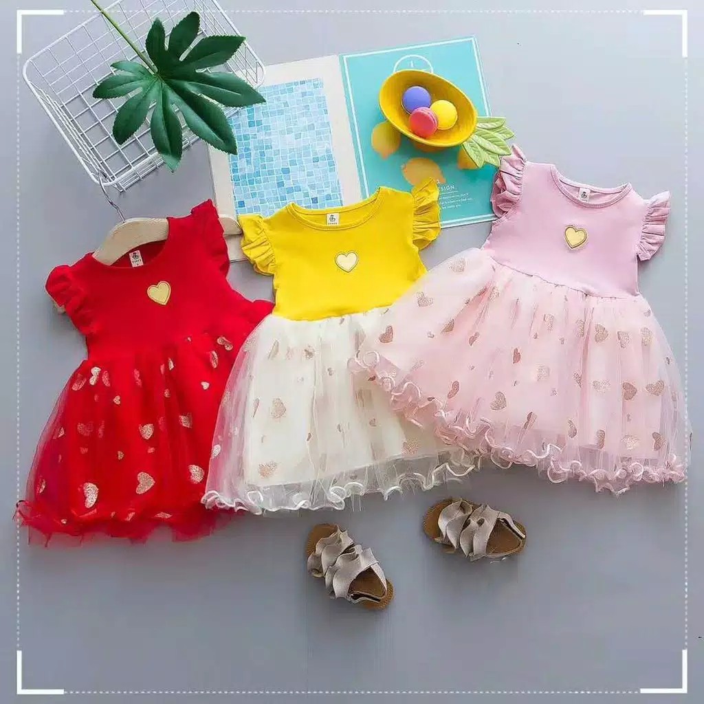 gos  DRESS IMPORT MORE HEARTS 823 EBV Baju Dress Anak Perempuan Import