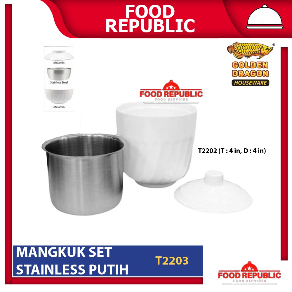 GOLDEN DRAGON MANGKUK SUP SET T2204 MELAMINE TUTUP MANGKOK STAINLESS