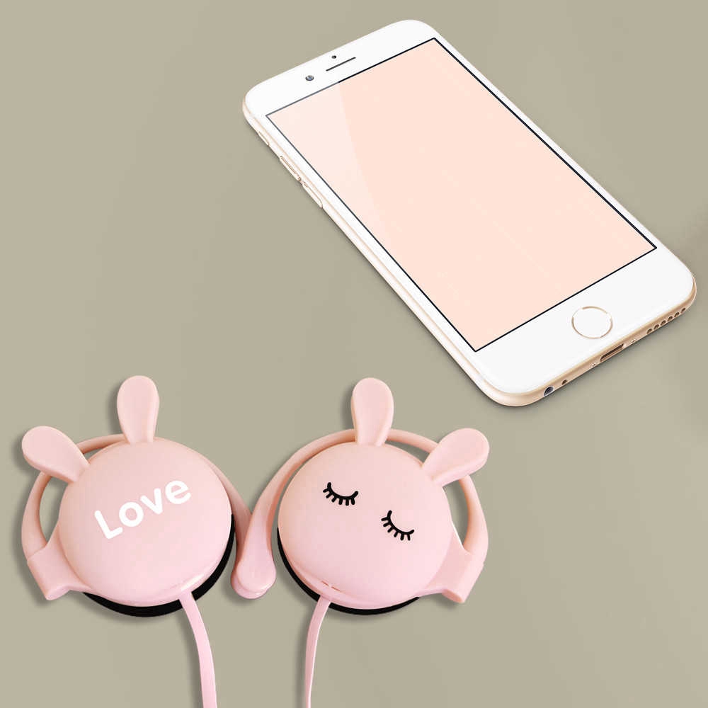 Headset Earphone Kabel Model Kait Telinga Kartun Kelinci Pink Dengan Mic 3.5mm Untuk Xiaomi