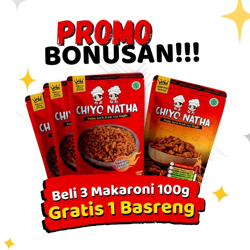 

Buy 3 Makaroni 100g Free 1 Basreng Chiyo Natha Pedas Kriuk