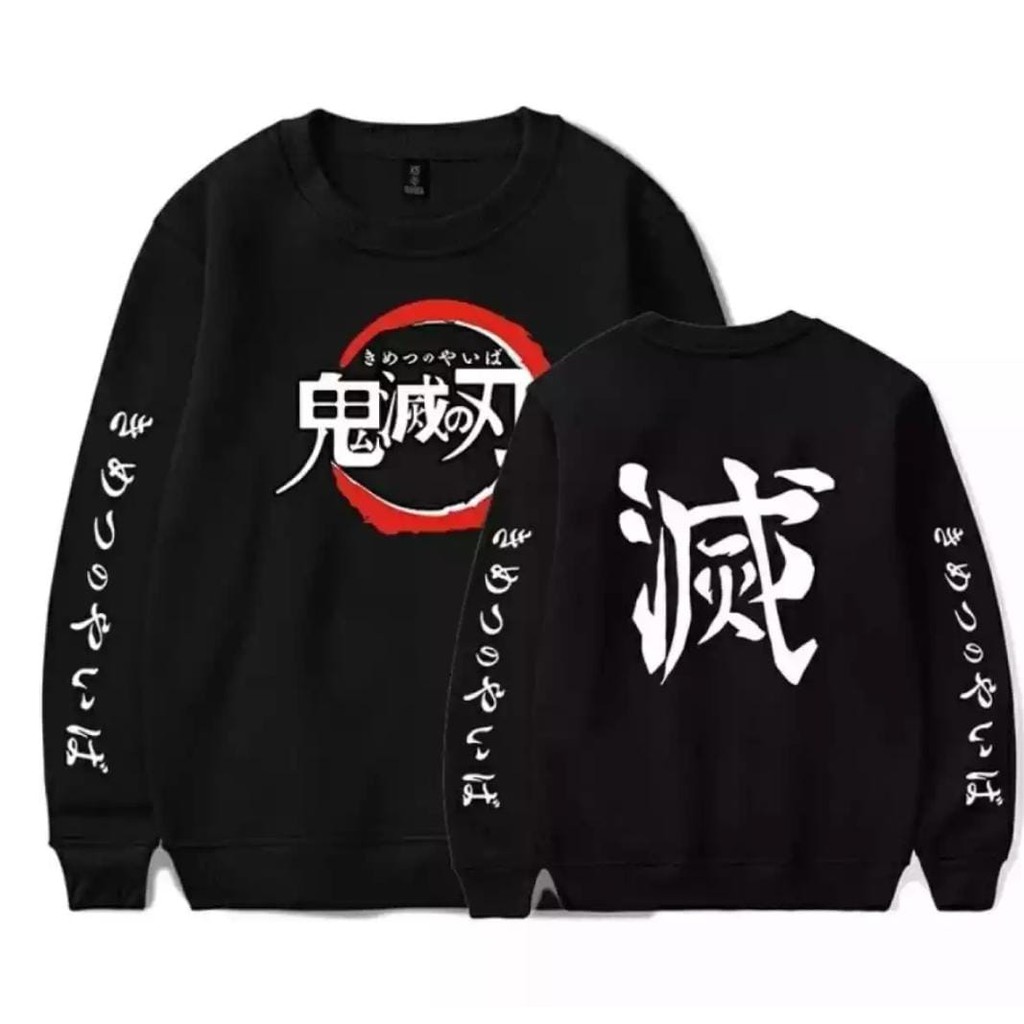 Sweater crewneck anime kimetsu no yaiba warna hitam &amp; putih unisex pria