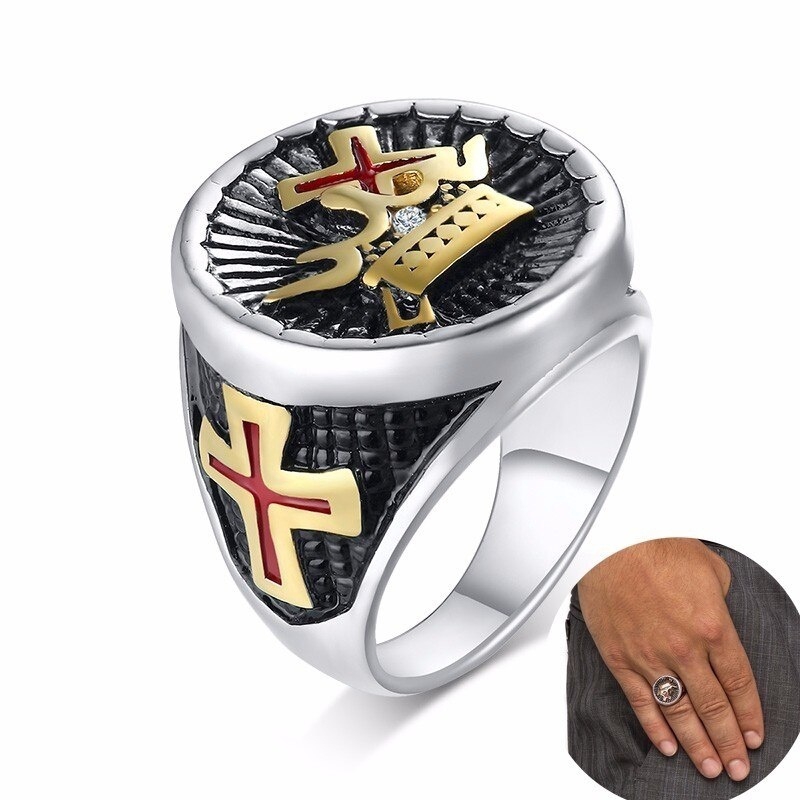 Men's Silver and Black Sword Knights Templar Cross Crown York Rite Signet Ring In Stainless Steel Jewelry Size 7-14