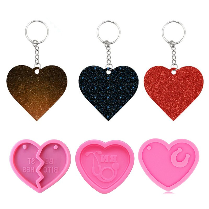 Glitter Love Heart Keychain Epoxy Resin Mold Jewelry Pendants Silicone Mould DIY Crafts Decorations Ornaments Casting Tools