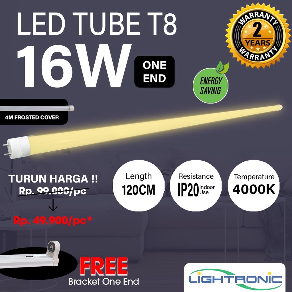 LAMPU LED TUBE LIGHT TL T8 4M FROSTED COVER 16W 16 WATT 120CM 4000K KUNING LIGHTRONIC