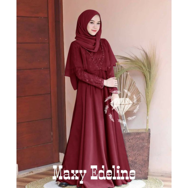 MAXY EDELINE MUTIARA, MOSCREPE BRUKAT, GAMIS HIJAB MUSLIM, MAXY DRESS, 3 UKURAN