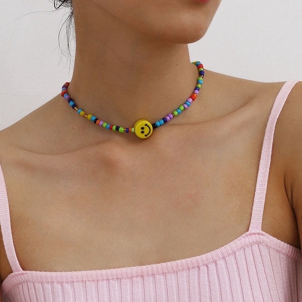 Women Ethnic Choker Necklace Girls Colorful Rice Beads Bohemian Necklace Smile Face Pendants