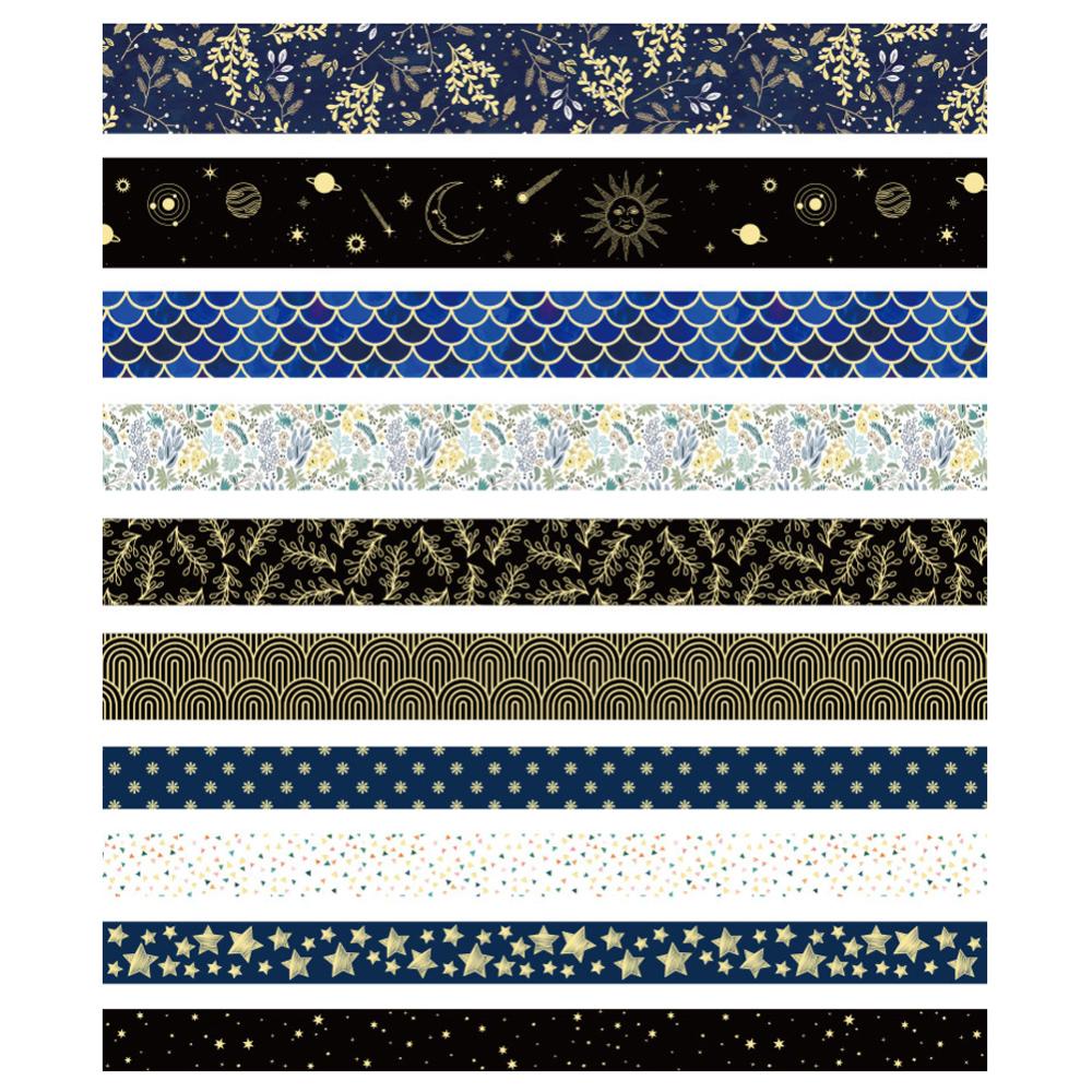 Timekey 10 Rol / Set Selotip Washi Warna Hitam / Emas Gaya Vintage Untuk Dekorasi Scrapbook / Diary / Jurnal A7K5