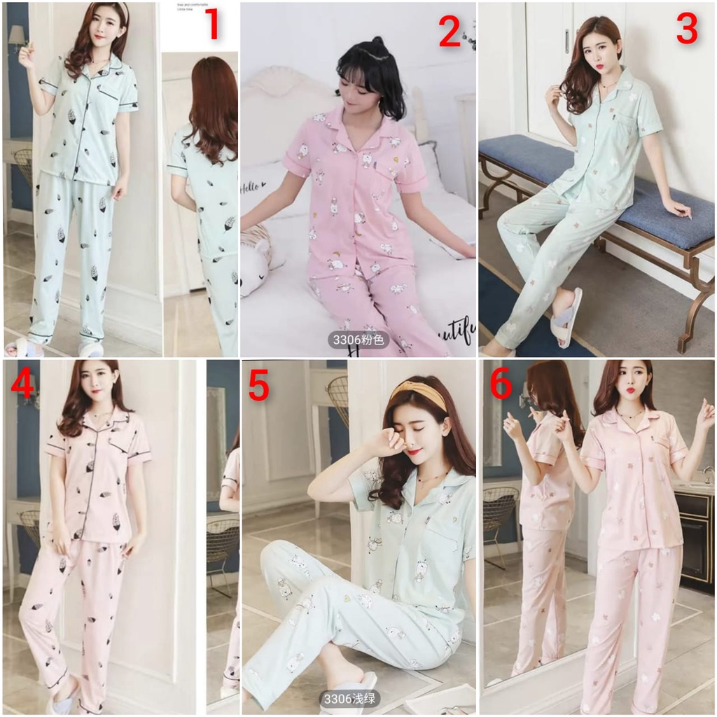 Baju tidur piyama lengan pendek celana panjang bahan kaos katun import