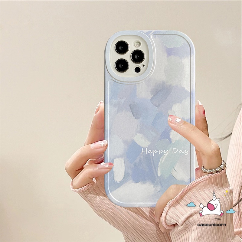 IPHONE Case Kompatibel Untuk Iphone11 14 12 13 Pro MAX XR X XS Max8 7Plus 8plus 6 6S SE 2020simple Retro Lukisan Tinta Biru Lensa Bulat Pelindung Shockproof TPU Lembut Penutup Belakang Anti Jatuh