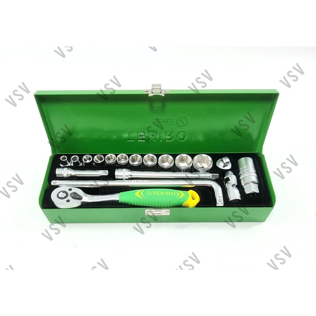 Tekiro Kunci sok set Box KALENG 18pcs 6-22mm 6PT Hand Socket Set Kunci Shock Sock BOX KALENG