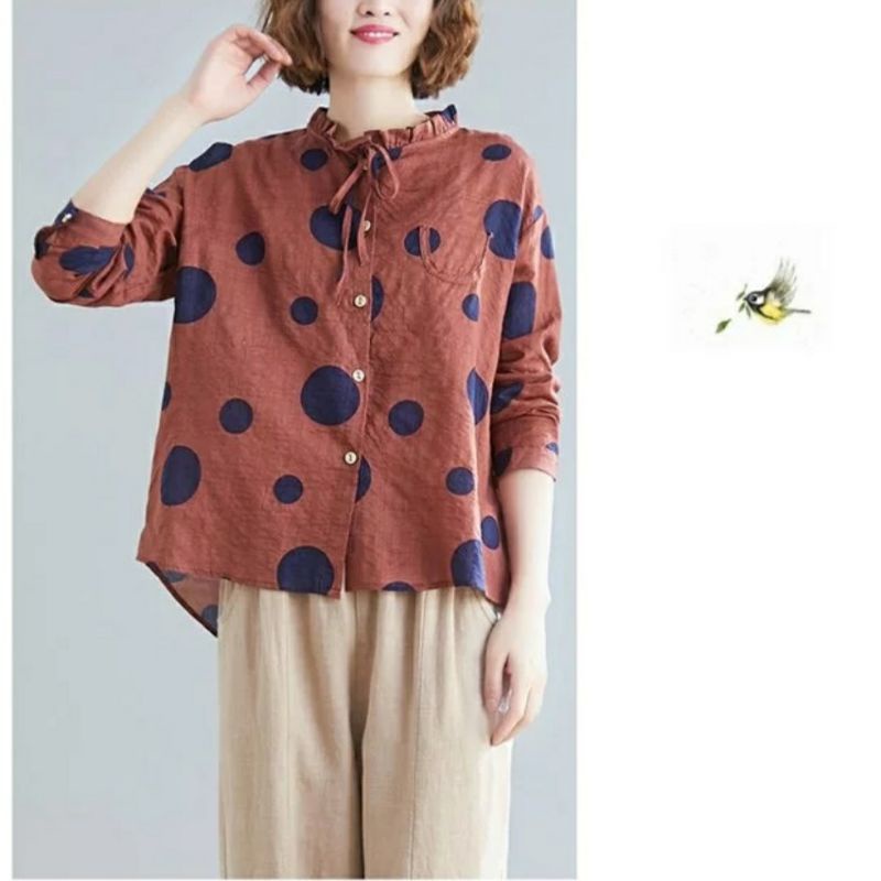 MDLV ~ 9874# Grande Polkadot Shirt Atasan Blouse Polkadot Full Collor Fashion Import