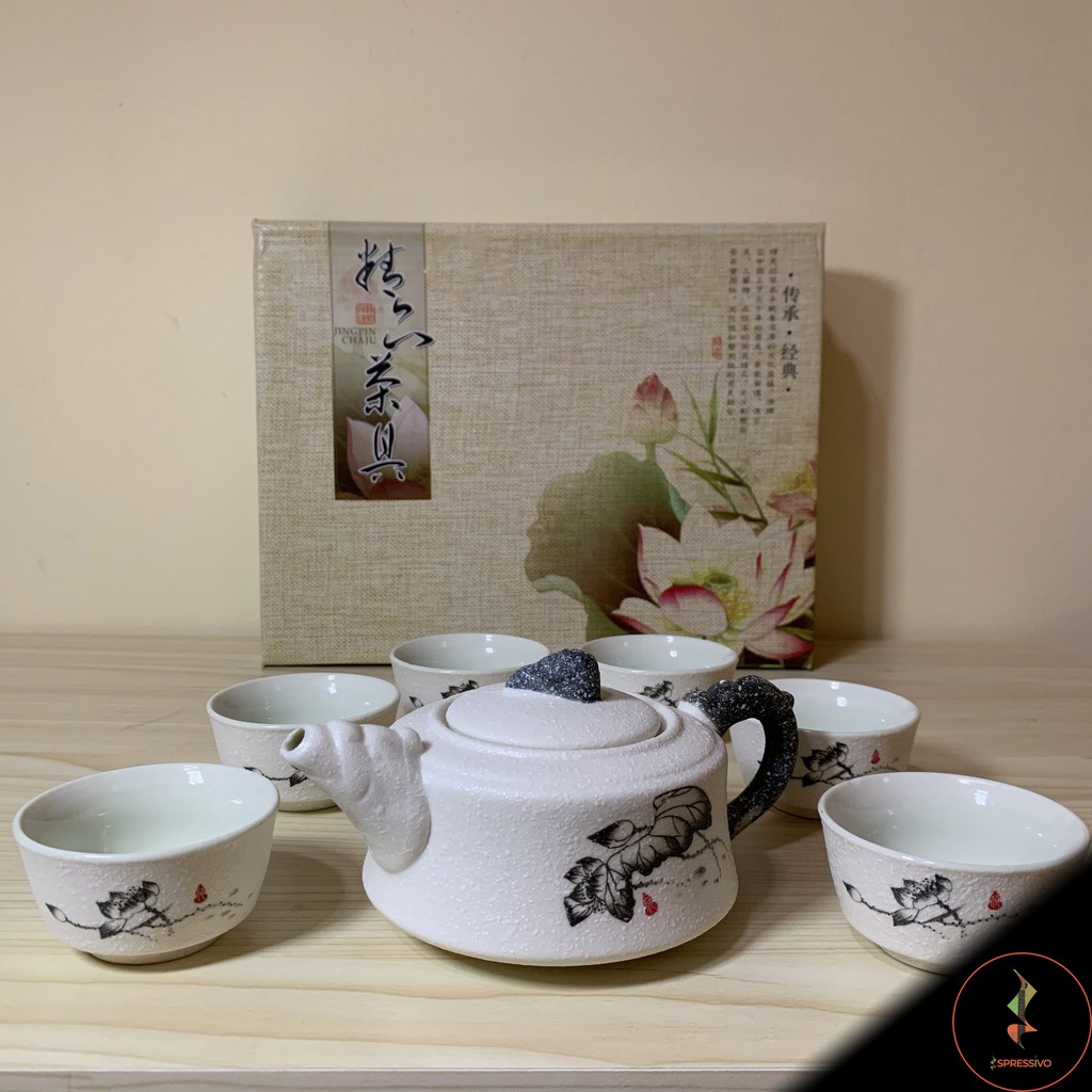 Teko + 6 cangkir teh keramik gelas putih chinese tea set [702]