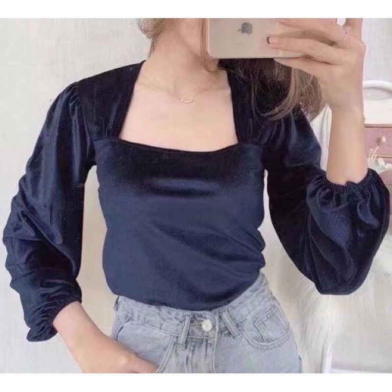 H7 B1378 Korean velvet top variasi brukat leher kotak / Atasan lengan panjang