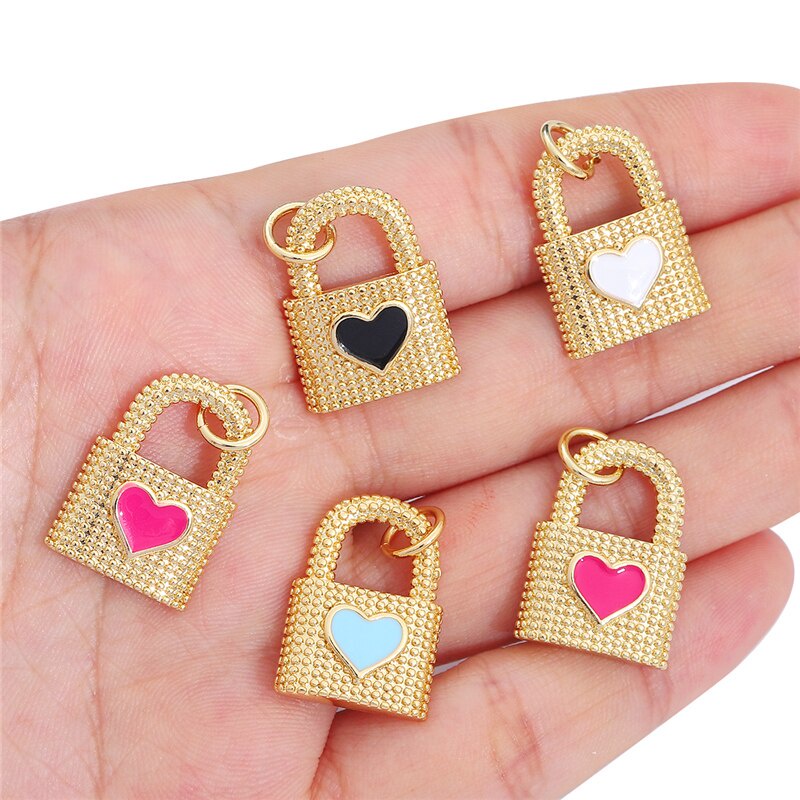 1Pc Gold Plated Enamel Lock Key Heart Charm Pendants for Bracelet Necklace Earring Making DIY Jewelry Accessories