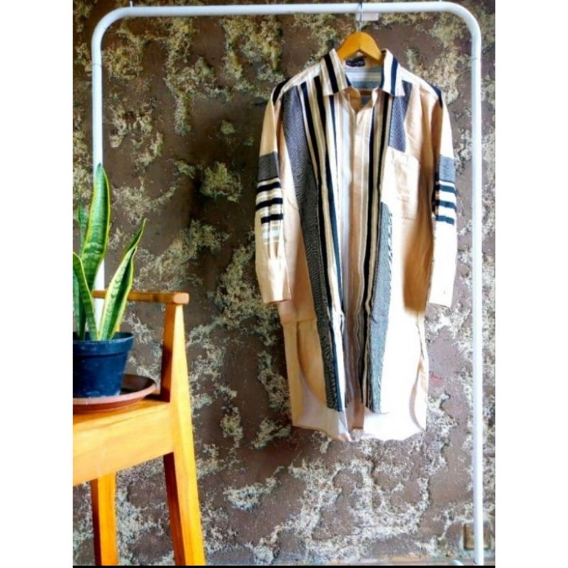 Tunik kemeja panjang gamis dress wanita stripe kombinasi cream hitam