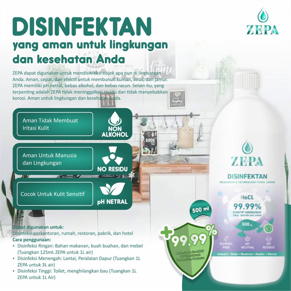 Disinfektan Spray Cair NON ALKOHOL 500ml ZEPA Original / Desinfektan Food Grade HOCl ZEPA / Hocl