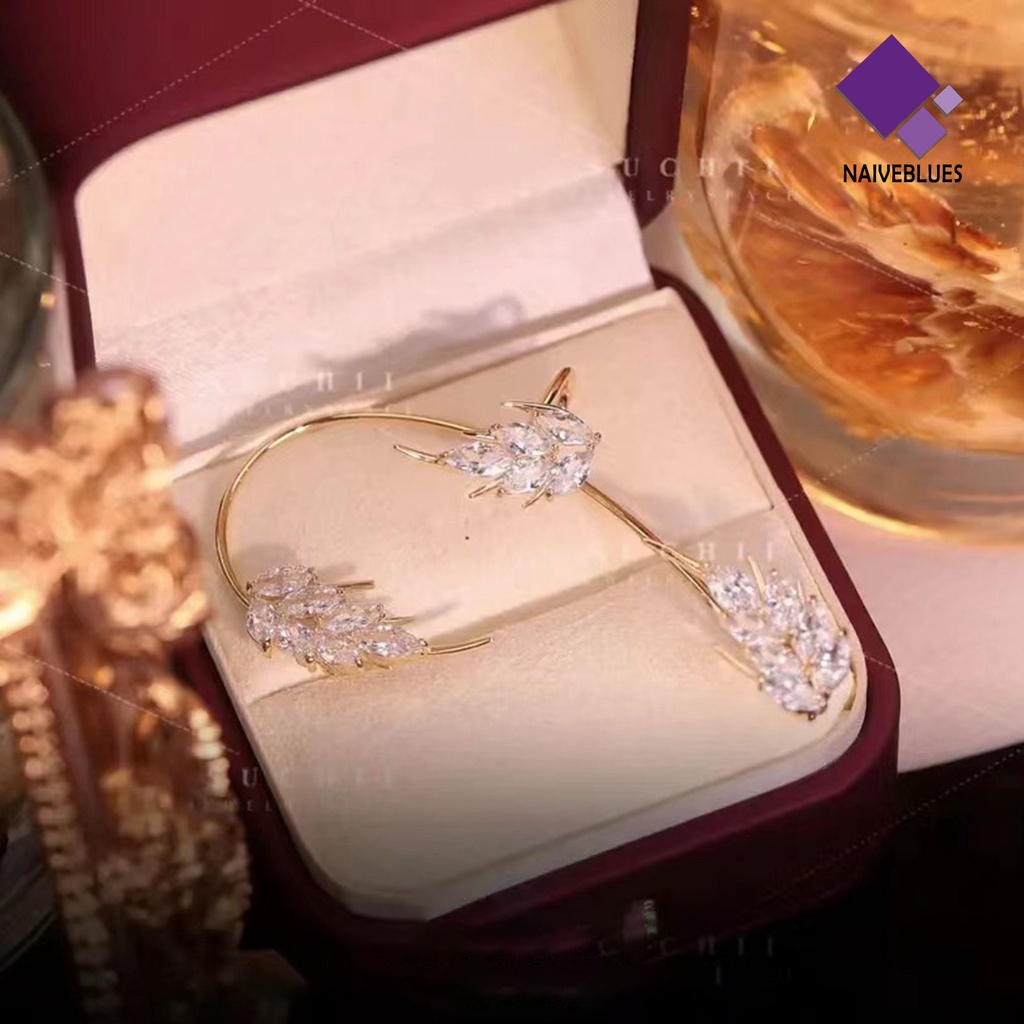 Naiveblue &gt; 1Pc Anting Klip Tanpa Tindik Desain Bulu Hias Berlian Imitasi Berkilau Untuk Wanita