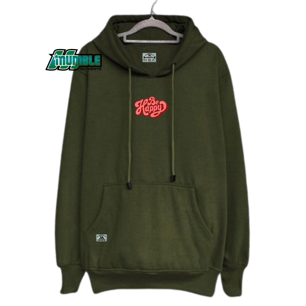 Swuiter Hoddie Pria Katun Flecee Tebal Lengan Panjang Warna Hijau Army List Be Happy Sweater Hoodie Oversize