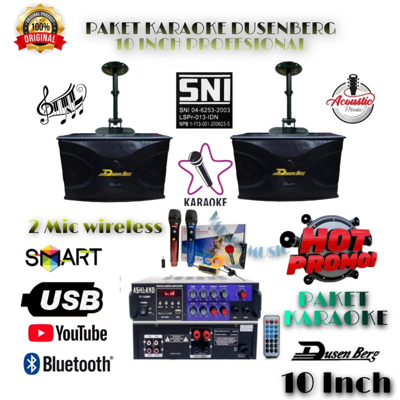 PAKET SOUND SYSTEM SPEAKER DUSENBERG AMPLI MIXER 2MIC WIRELESS KARAOKE