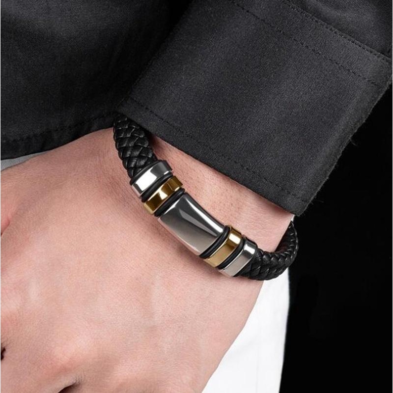 Gelang Bahan Kulit Woven Warna Hitam Dengan Gesper Metal Magnetik Untuk Pria