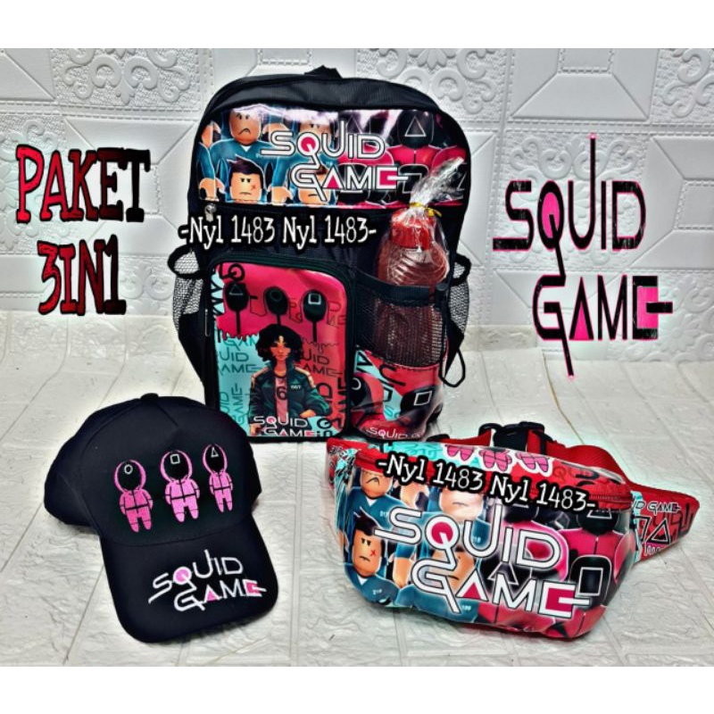 [BISA COD] Paket 3in1 Tas Ransel SQUIDGAME Ransel anak Sekolah TK SD Free Botol Waistbag &amp; Topi anak