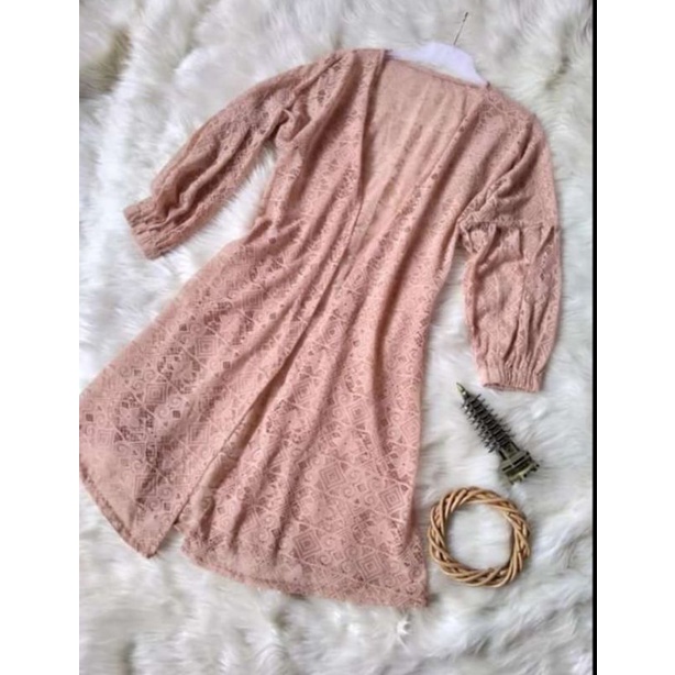 Cardigan Brokat Lengan Balon/Kardigan Burkat/Kardi Brukat/Outer Long Cardi-Mocca